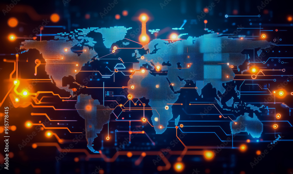 Poster a computer generated image of a world with many lights and wires. the image is abstract and has a fu