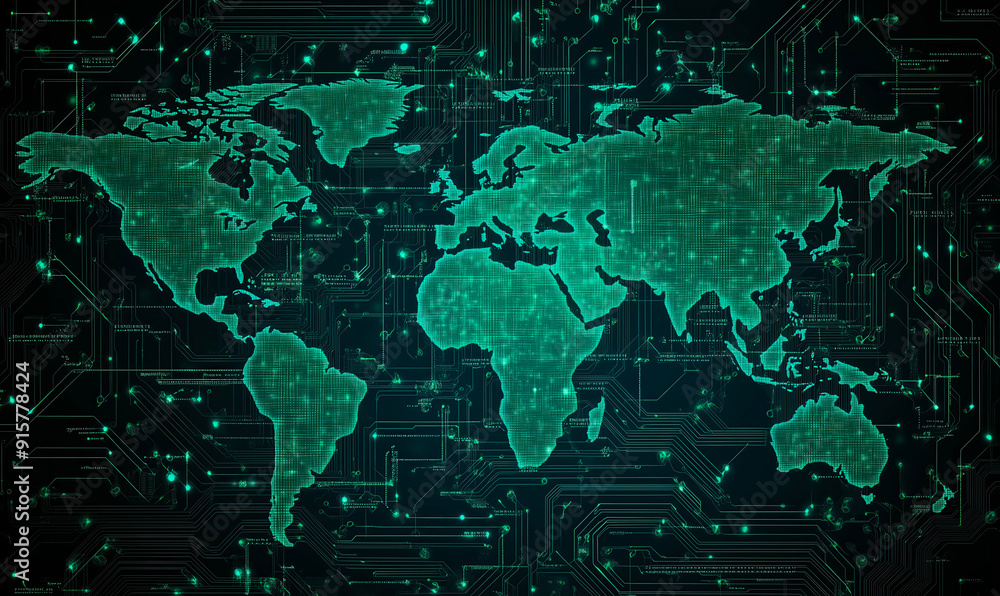 Aufkleber a computer generated image of the world with a green background. the image is made up of many small 