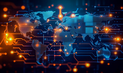 Obraz premium A computer generated image of a world with many lights and wires. The image is abstract and has a futuristic feel to it