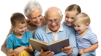 Grandparents reading to grandchildren with smiles, png transparent background