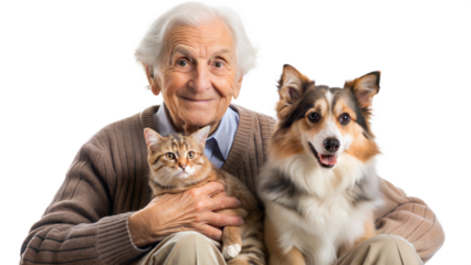 Elderly man smiling with cat and dog, png transparent background