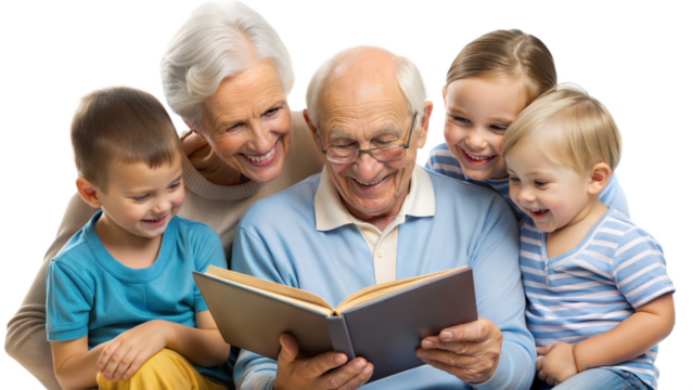 Grandparents reading to grandchildren with smiles, png transparent background - Powered by Adobe
