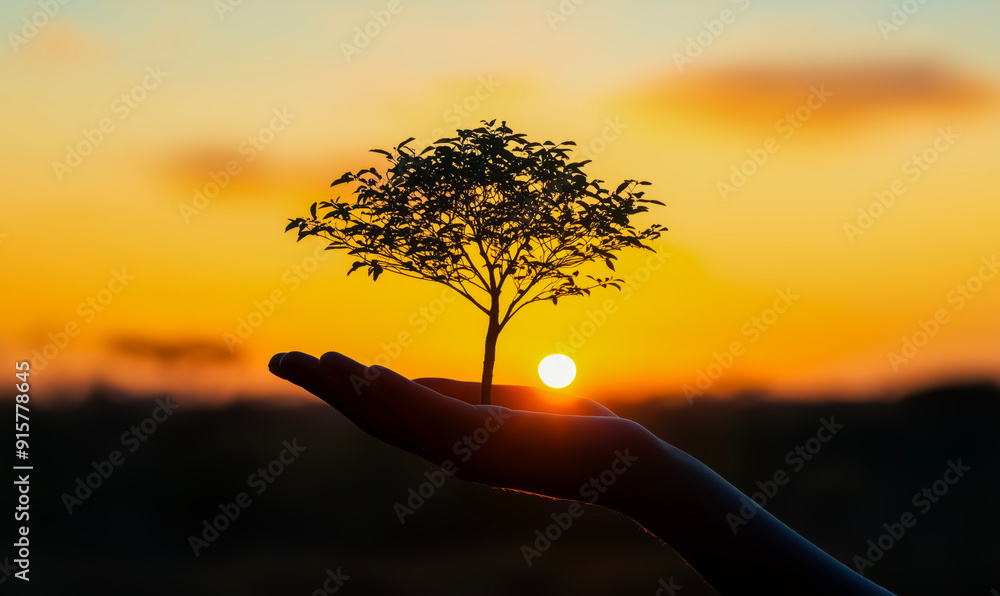 Poster a hand holding a tree in front of a sunset. the tree is small and the sun is setting in the backgrou