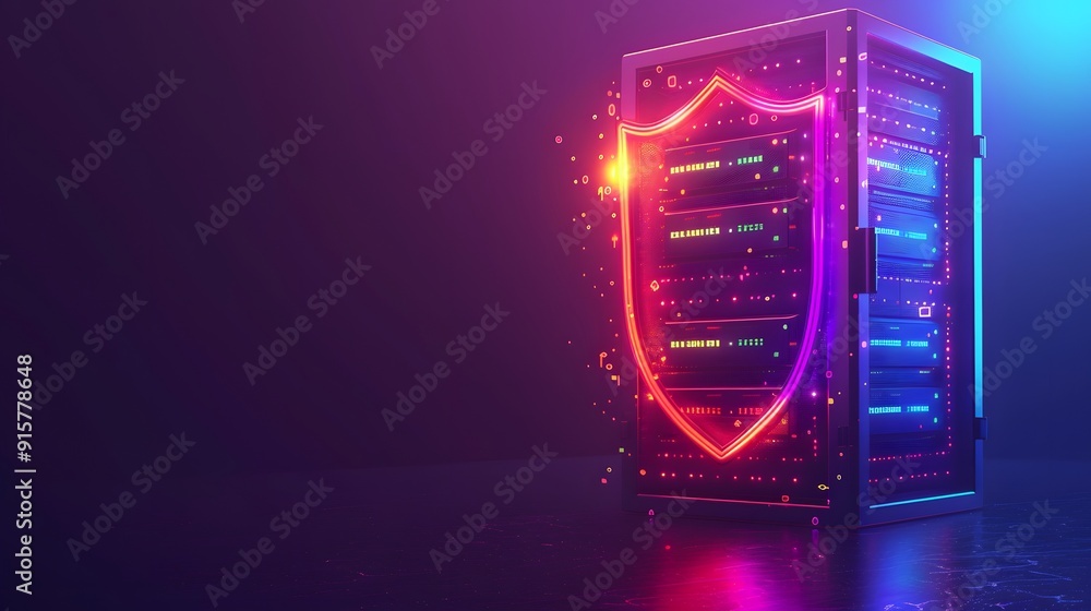 Aufkleber futuristic server rack with neon lights and a glowing protective shield, representing cybersecurity 