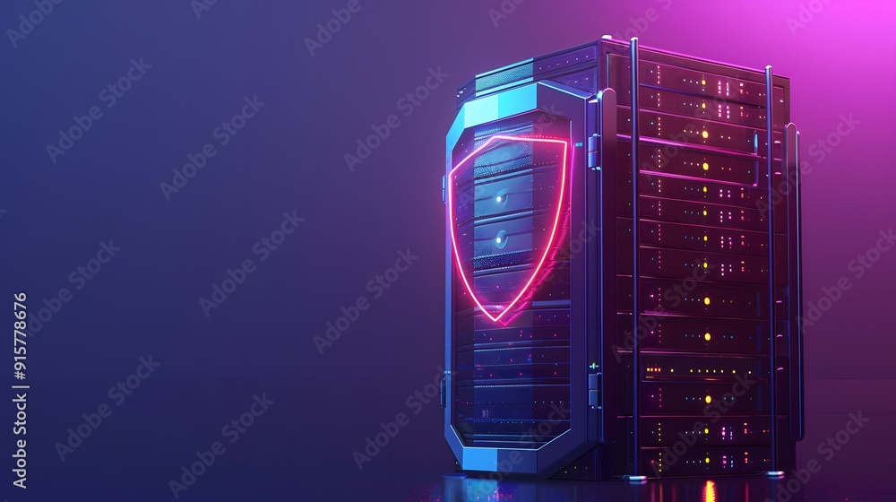 Poster futuristic server rack with neon shield icon, symbolizing cybersecurity and robust data protection, 