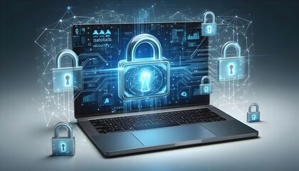 laptop with digital padlocks as a symbol for cyber security and data protection, isolated on a white background