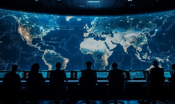A group of people are sitting in front of a large screen that shows a map of the world