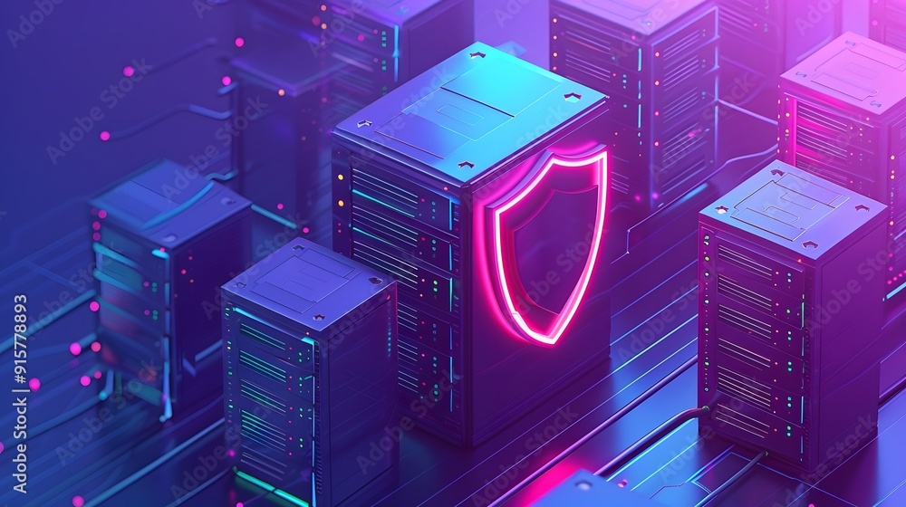 Poster futuristic server racks with glowing neon shield symbolizing cybersecurity and data protection. conc