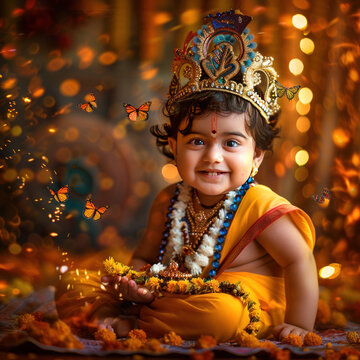 Cute little boy in lord krishna costume. celebrating janmashtami or lord krishna festival.