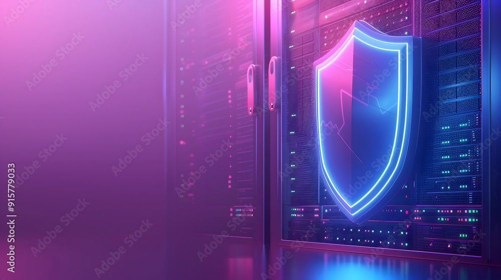 Poster futuristic server room with a glowing shield icon representing cybersecurity and data protection in 