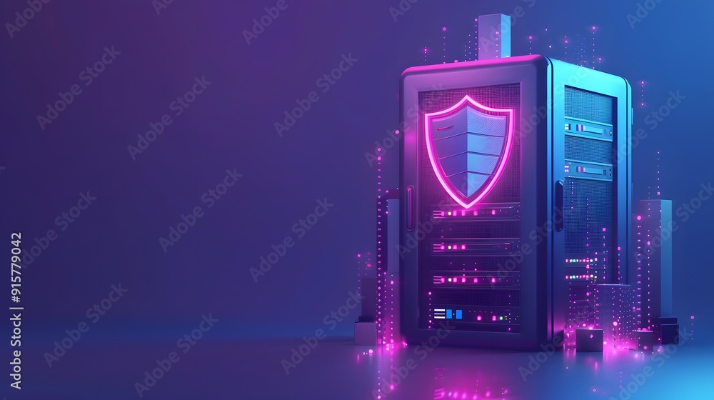 Poster futuristic server room with a glowing shield icon representing cybersecurity and data protection. hi