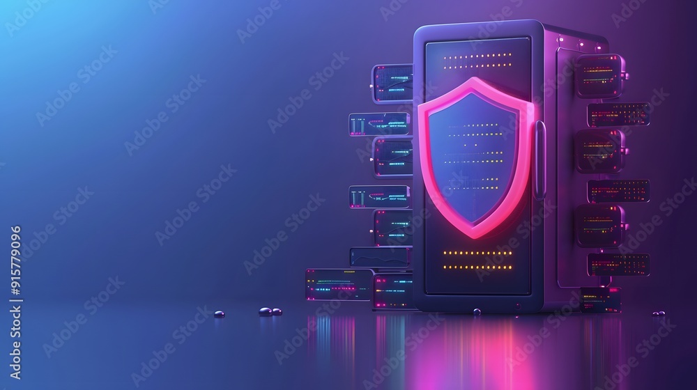 Poster futuristic server room with cyber security shield glowing in neon light, representing data protectio