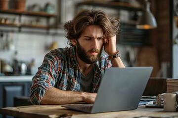 A young man with a sustained look works behind a laptop against a modern cafe. Headache. Work at removal.