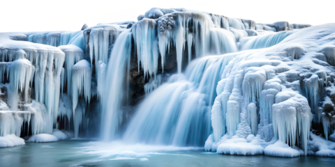 Frozen waterfall with icicles and snowy rocks, transparent background