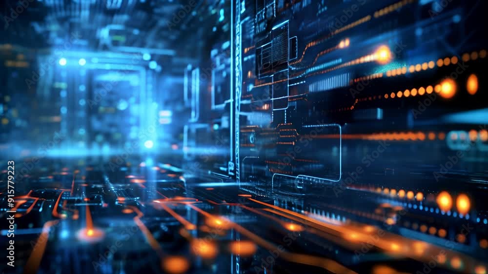 Aufkleber video of dynamic and futuristic digital landscape featuring glowing circuits and data streams in blu