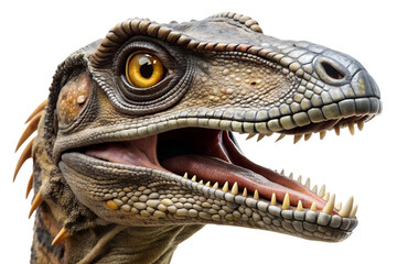 Realistic close-up of a dinosaur's face, transparent background