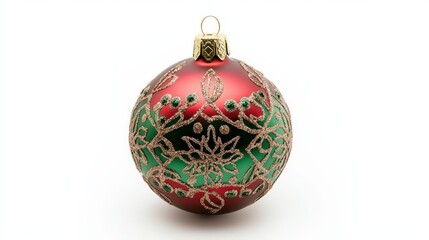 A decorative Christmas ornament in red and green with intricate gold designs.
