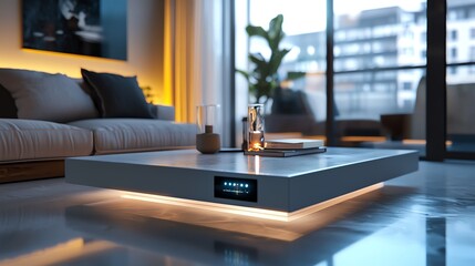 Stylish modern coffee table in a cozy living room with elegant lighting and contemporary decor, creating a warm atmosphere.