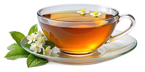 Cup of herbal tea with mint leaves and flowers, transparent background