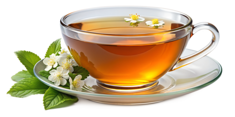 Cup of herbal tea with mint leaves and flowers, transparent background