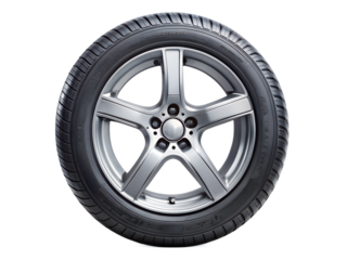 Side view of car tire with metallic rim, transparent background