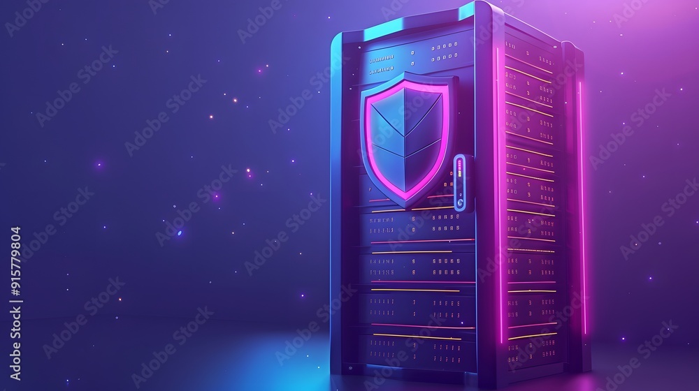 Poster futuristic server with a glowing shield, symbolizing cybersecurity and data protection in a digital 