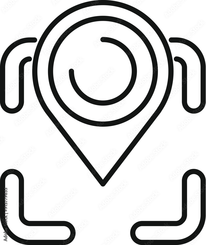 Poster simple line icon of a camera inside a map pin, indicating a photo location