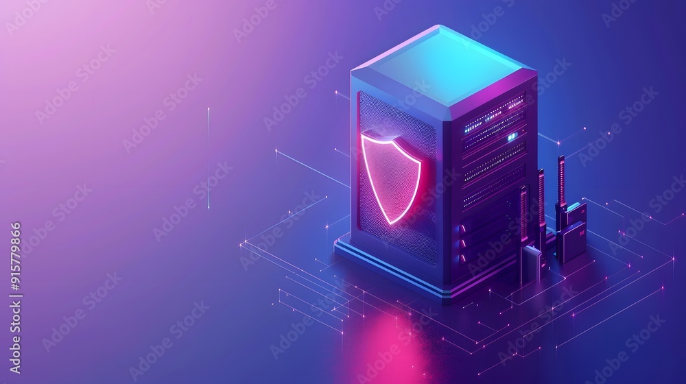 Poster futuristic server with a glowing shield icon, representing cybersecurity and data protection in a di