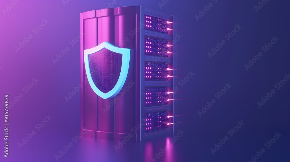 Poster futuristic server with a glowing shield representing data protection and cybersecurity. neon lights 