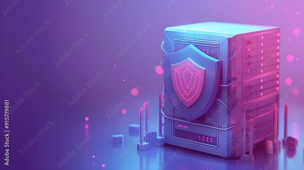 Poster futuristic server with a glowing shield icon representing cybersecurity and data protection, set in 