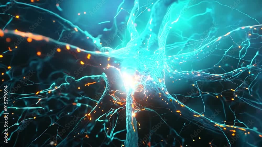 Poster neuron with glowing synapses, digital background showing complex network of connections in brain