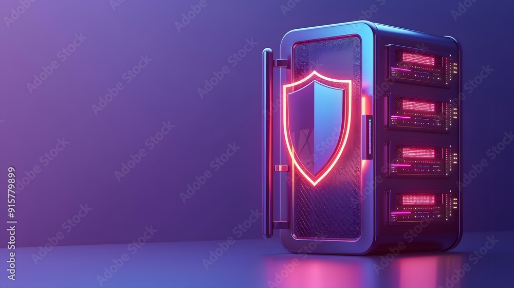 Poster futuristic server with a glowing shield symbol representing cyber security and data protection, set 