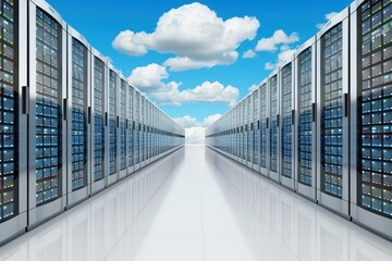A futuristic data center with endless rows of servers under a blue sky with clouds, symbolizing cloud computing.