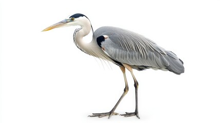 A heron standing gracefully with a white background.