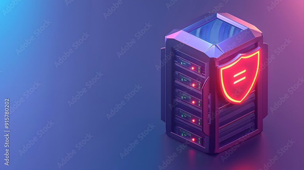 Poster Futuristic server with glowing red shield icon representing cybersecurity, digital data protection in a modern data center setup.