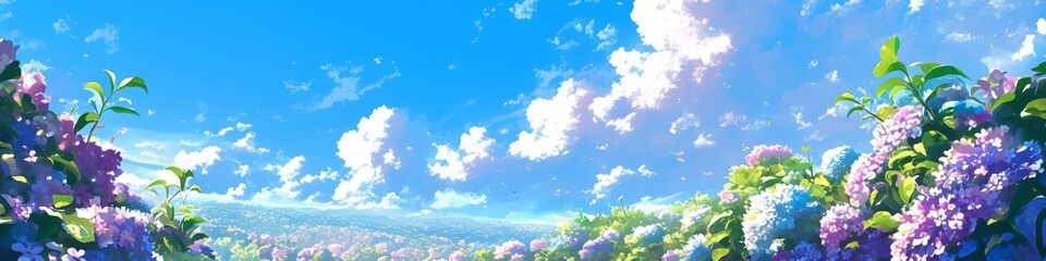 Naklejka premium Enchanting Hydrangea Fantasy Landscape: Vibrant 4K Wallpaper with Abstract Anime-Style Florals. Mesmerizing Digital Art Featuring Lush Blooms and Dynamic Skies, Perfect for Book Illustrations and Crea