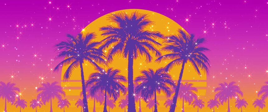 Summer palms sunset. Synthwave widescreen background. Gradient retro colors