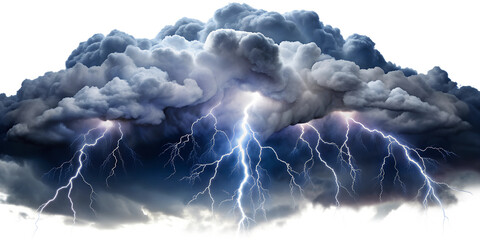 Dramatic thunderstorm with lightning strikes, isolated against transparent background