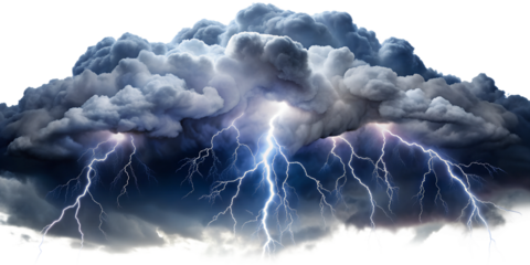 Dramatic thunderstorm with lightning strikes, isolated against transparent background