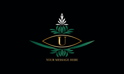 Floral logo template for labels, corporate identity, wedding invitation. Decorative business sign with elegant letter U.