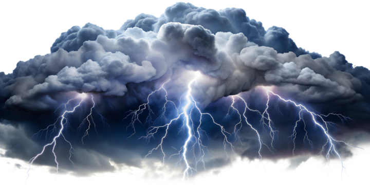 Dramatic thunderstorm with lightning strikes, isolated against transparent background