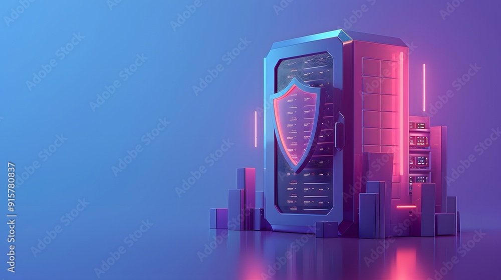Poster futuristic server with shield symbol representing cybersecurity, data protection, and secure technol