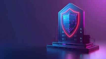 Fototapeta premium Futuristic shield and server, neon lights, cybersecurity concept, digital protection, data security, modern technology, 3D illustration.