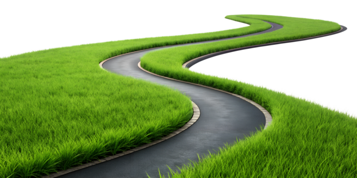 Curving path with green grass, isolated against transparent background