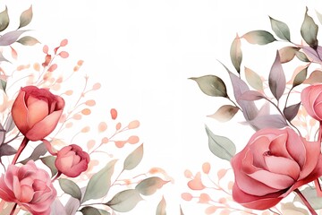 Watercolor floral border with pink roses and green leaves on a white background.