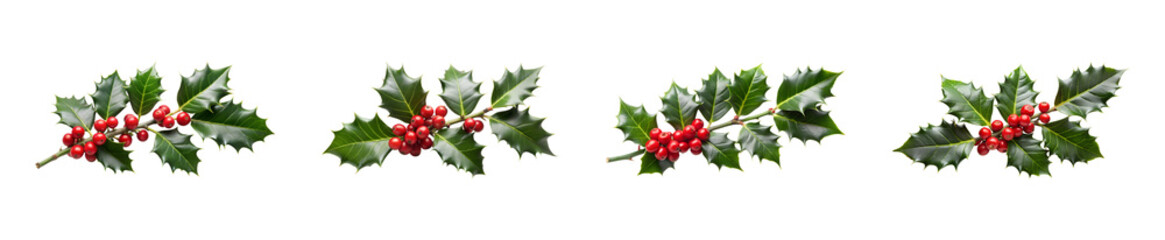 Collection of holly berries and leaves, isolated on transparent background