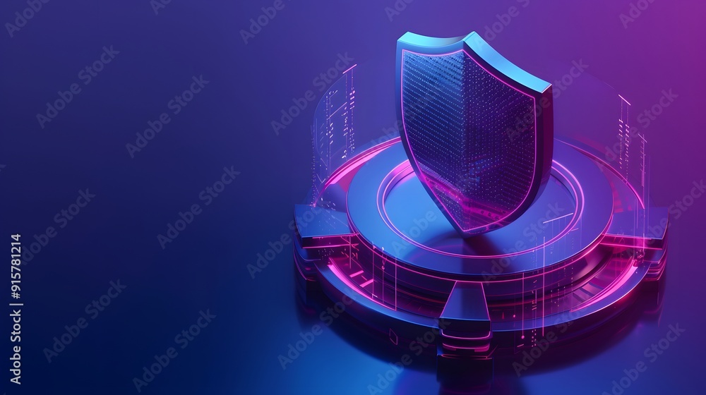 Poster futuristic shield with digital glowing design representing cybersecurity and protection in a high-te