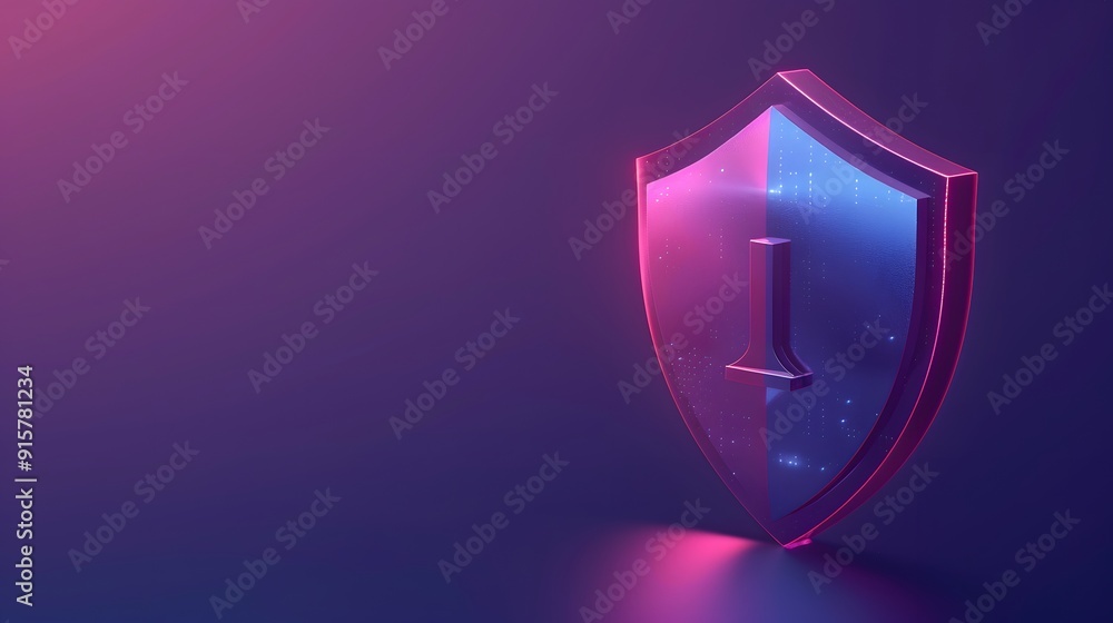 Poster futuristic shield with glowing edges, symbolizing cybersecurity and data protection on a dark backgr