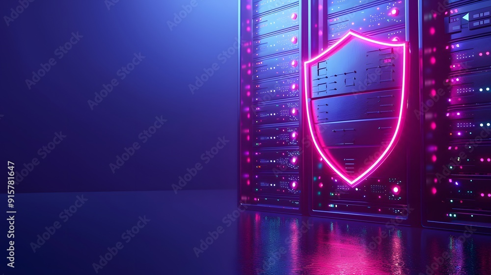 Poster glowing neon shield on server racks in a data center, symbolizing cybersecurity and data protection 