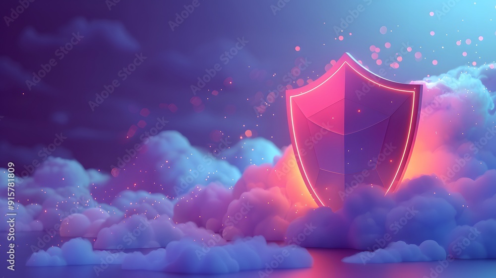 Poster glowing shield in a cloudscape symbolizing cyber security and data protection in a futuristic digita